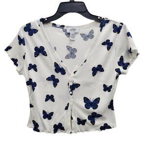 Just Polly Y2K Junior's Blue Butterfly Cropped Rib Knit V-Neck Cardigan‎ Size M